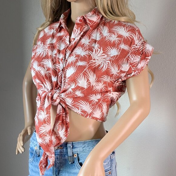 Old Khaki Top Women's 10 Jungle Foliage Button-Up Waist-Tie Orange/White Safari - Picture 4 of 16